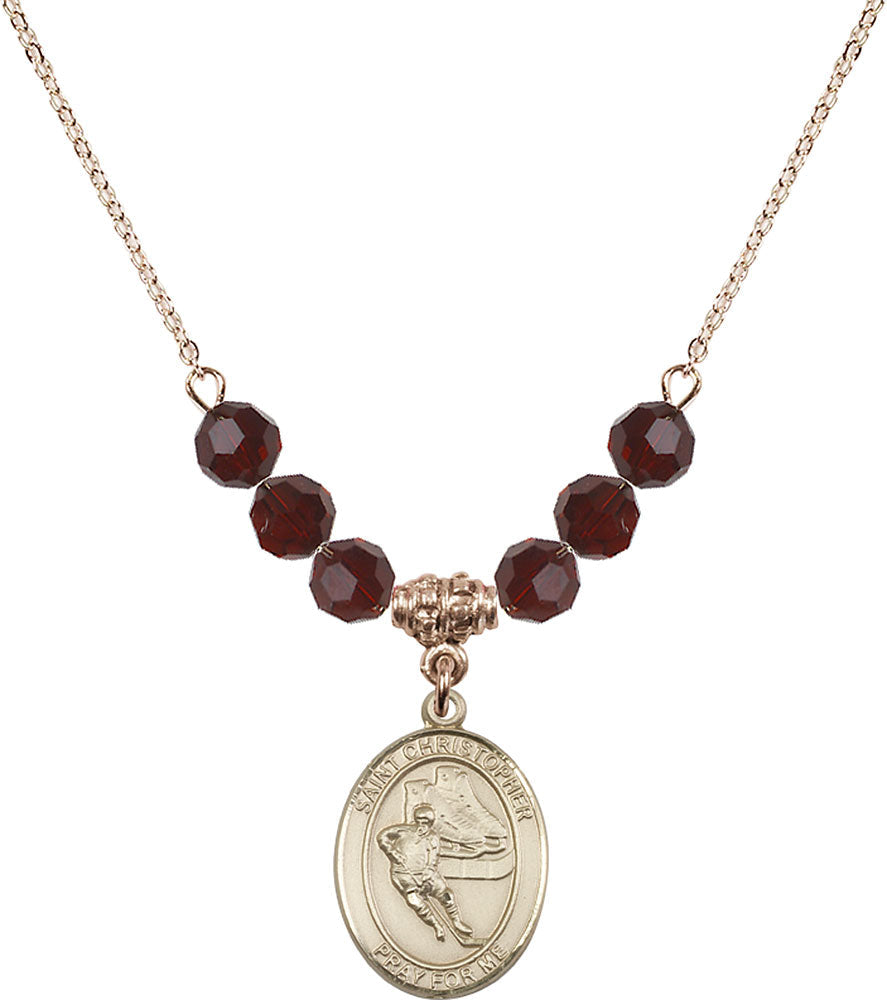 14kt Gold Filled Saint Christopher/Hockey Birthstone Necklace with Garnet Beads - 8504