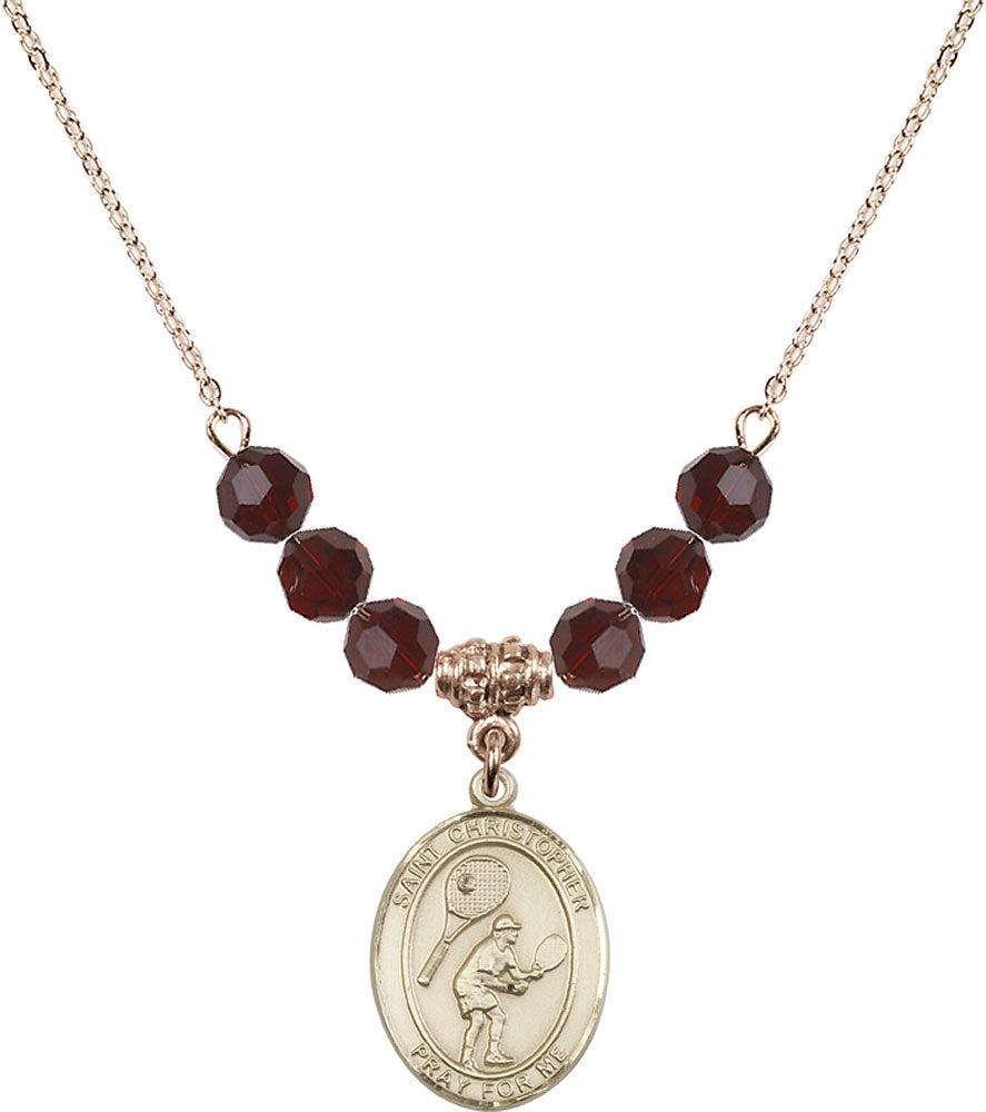 14kt Gold Filled Saint Christopher/Tennis Birthstone Necklace with Garnet Beads - 8505