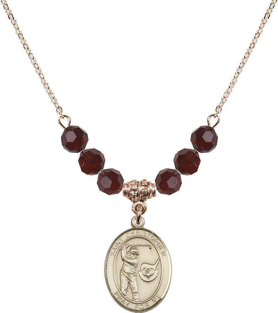 14kt Gold Filled Saint Christopher/Golf Birthstone Necklace with Garnet Beads - 8506