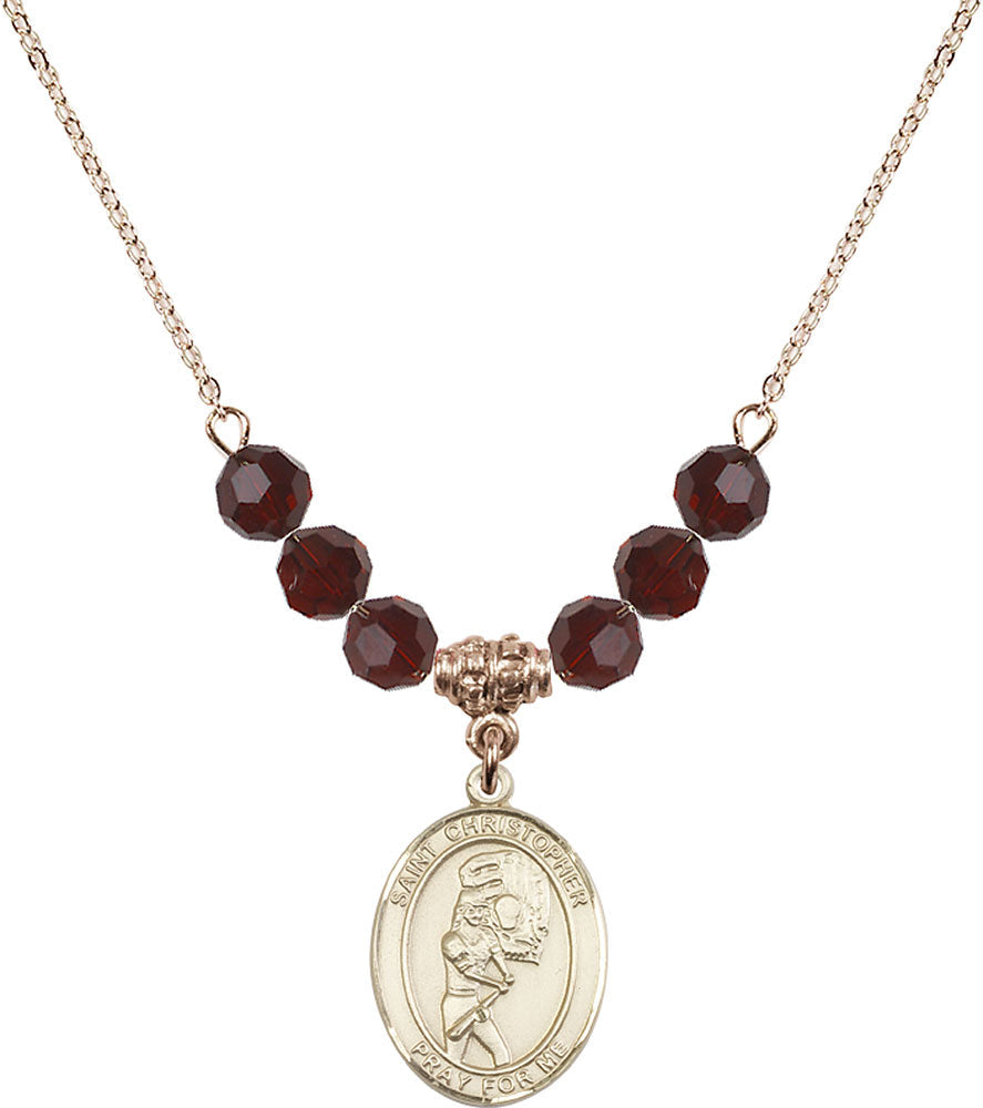 14kt Gold Filled Saint Christopher/Softball Birthstone Necklace with Garnet Beads - 8507