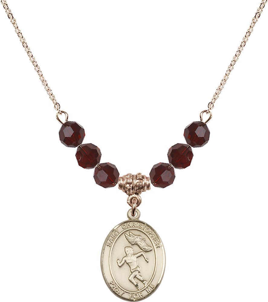 14kt Gold Filled Saint Christopher/Track&Field-Women Birthstone Necklace with Garnet Beads - 8510