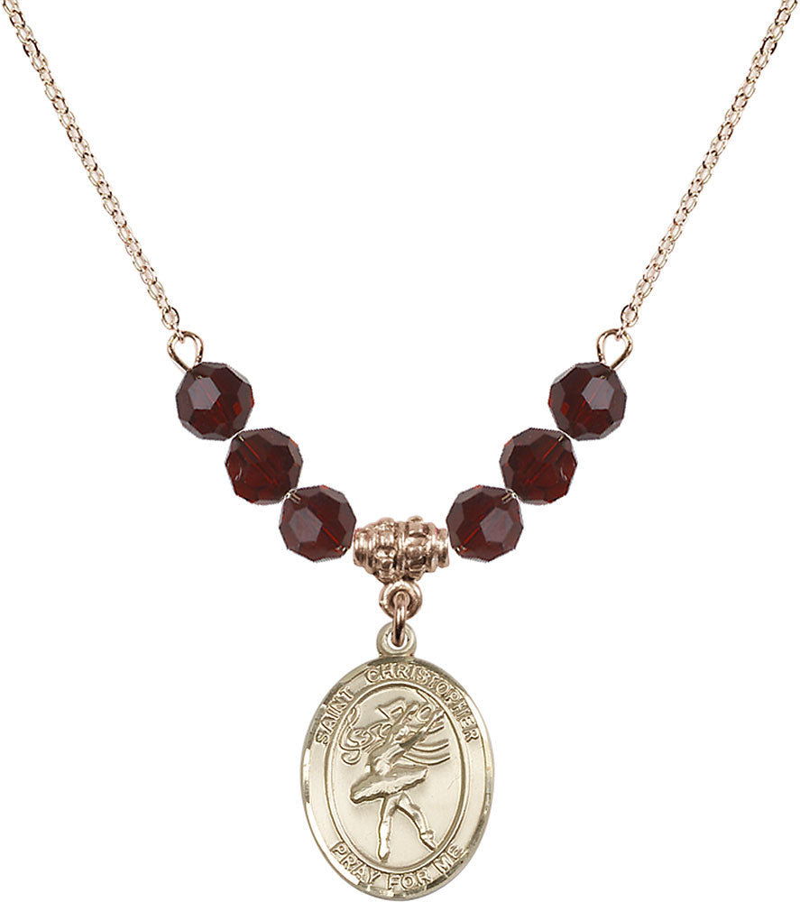 14kt Gold Filled Saint Christopher/Dance Birthstone Necklace with Garnet Beads - 8512