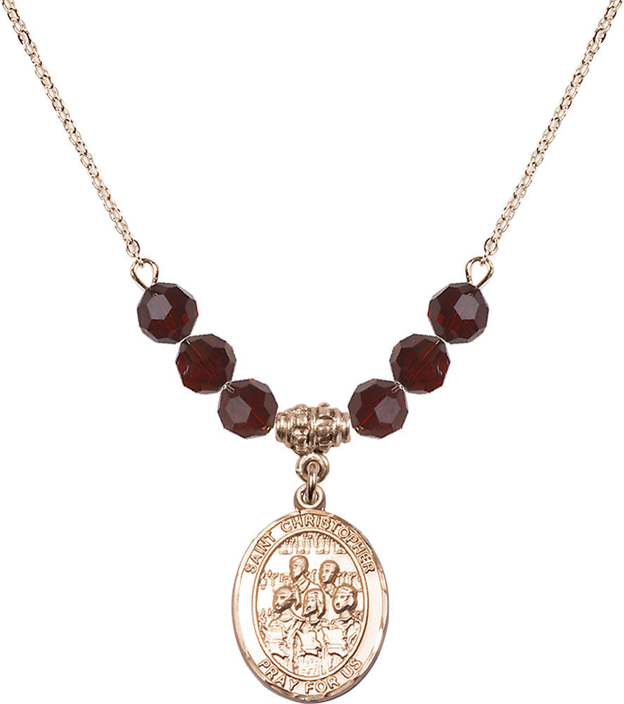 14kt Gold Filled Saint Christopher / Choir Birthstone Necklace with Garnet Beads - 8514