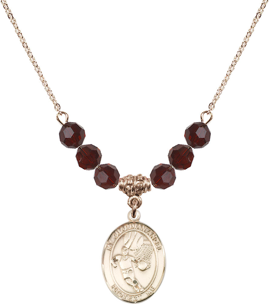 14kt Gold Filled Guardian Angel/Basketball Birthstone Necklace with Garnet Beads - 8702