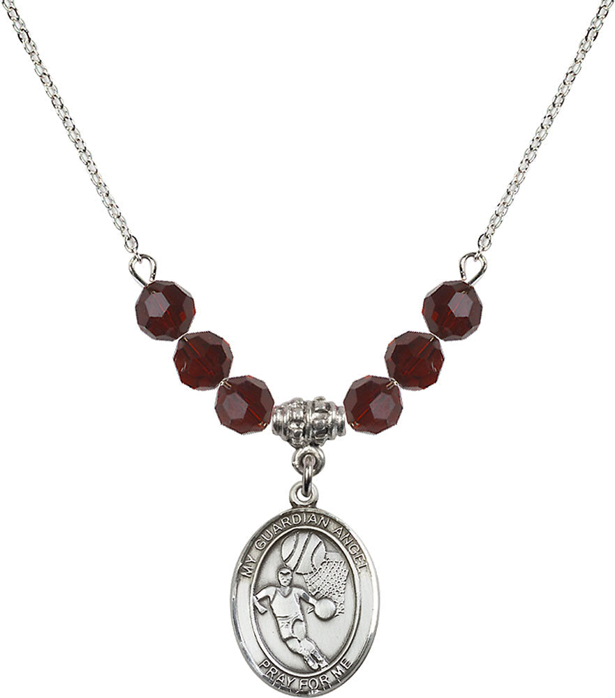Sterling Silver Guardian Angel/Basketball Birthstone Necklace with Garnet Beads - 8702