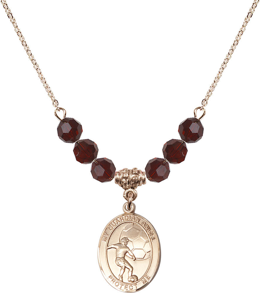 14kt Gold Filled Guardian Angel/Soccer Birthstone Necklace with Garnet Beads - 8703