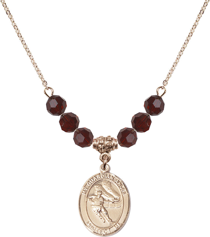 14kt Gold Filled Guardian Angel/Hockey Birthstone Necklace with Garnet Beads - 8704