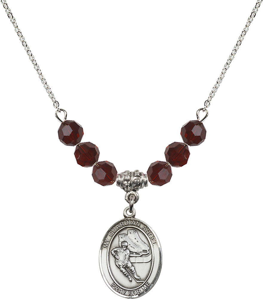 Sterling Silver Guardian Angel/Hockey Birthstone Necklace with Garnet Beads - 8704