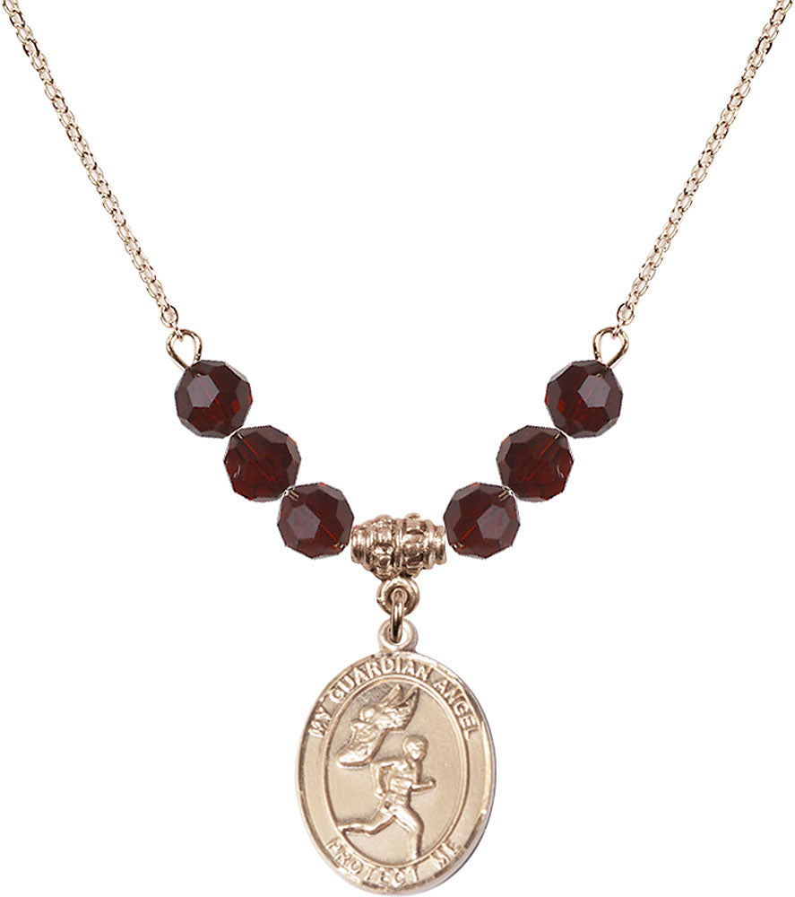 14kt Gold Filled Guardian Angel/Track&Field-Men Birthstone Necklace with Garnet Beads - 8709