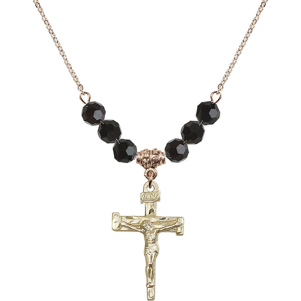 14kt Gold Filled Nail Crucifix Birthstone Necklace with Jet Beads - 0073