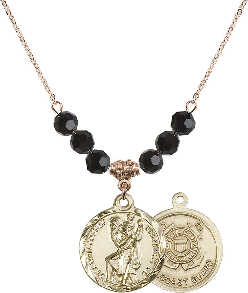 14kt Gold Filled Saint Christopher / Coast Guard Birthstone Necklace with Jet Beads - 0192