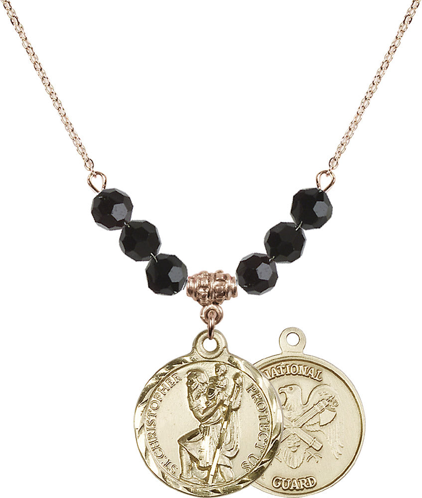 14kt Gold Filled Saint Christopher / Nat'l Guard Birthstone Necklace with Jet Beads - 0192