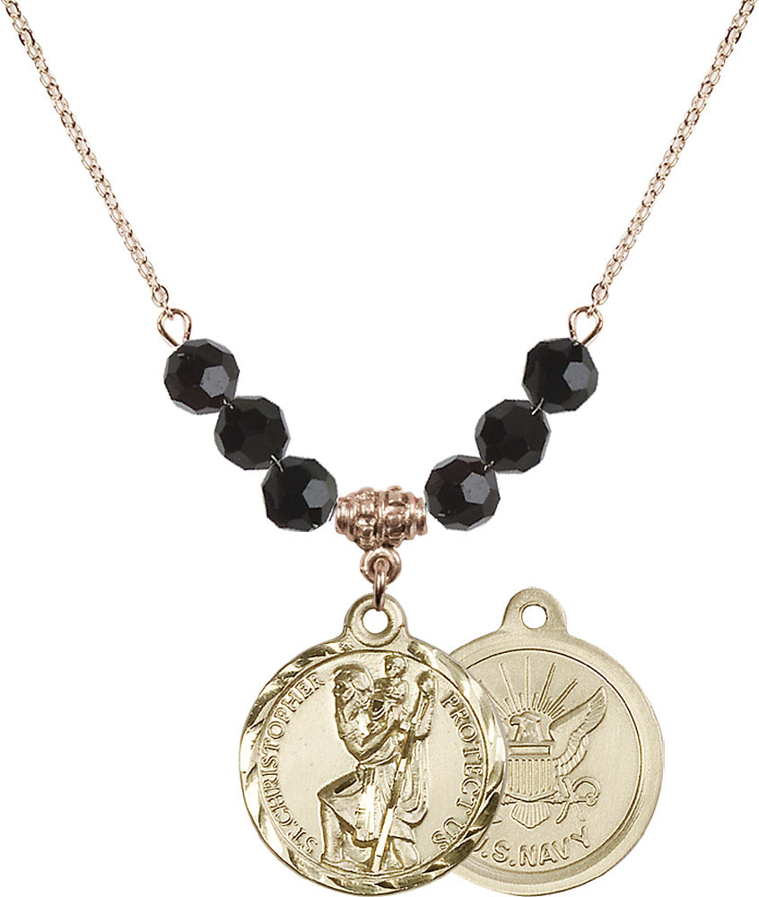 14kt Gold Filled Saint Christopher / Navy Birthstone Necklace with Jet Beads - 0192