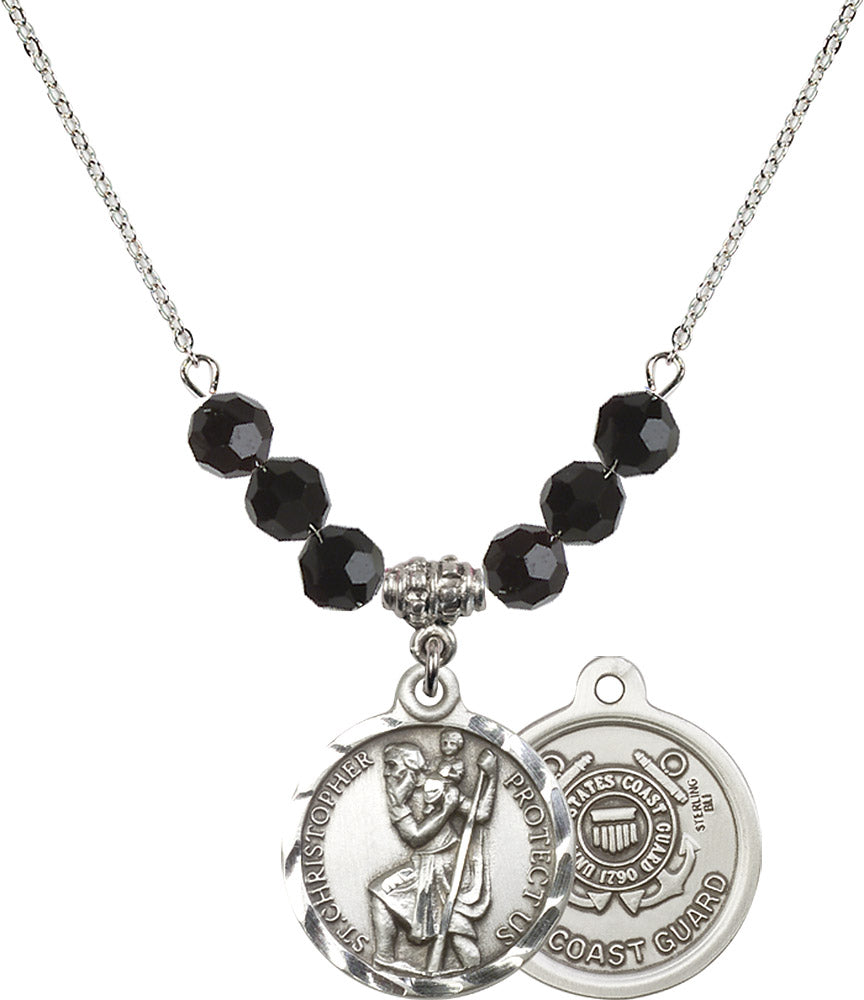 Sterling Silver Saint Christopher / Coast Guard Birthstone Necklace with Jet Beads - 0192