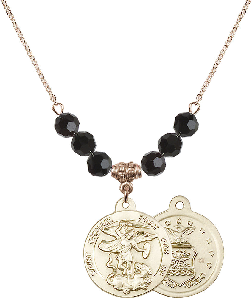 14kt Gold Filled Saint Michael / Air Force Birthstone Necklace with Jet Beads - 0342