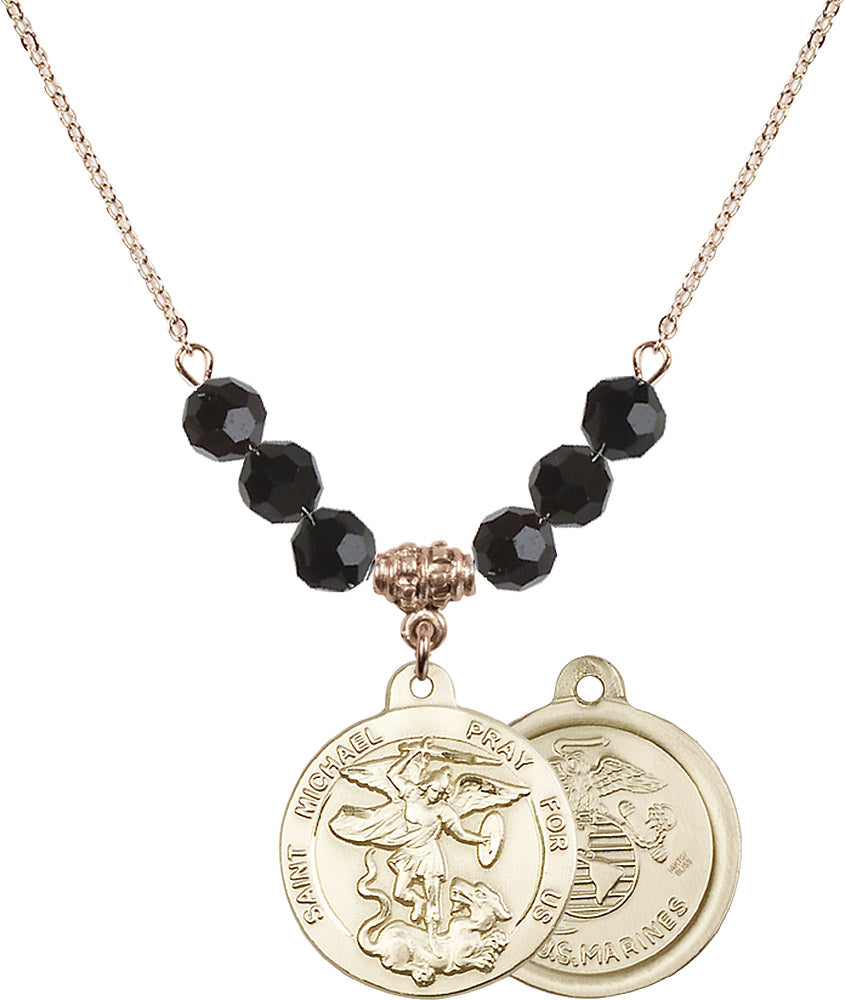 14kt Gold Filled Saint Michael / Marines Birthstone Necklace with Jet Beads - 0342