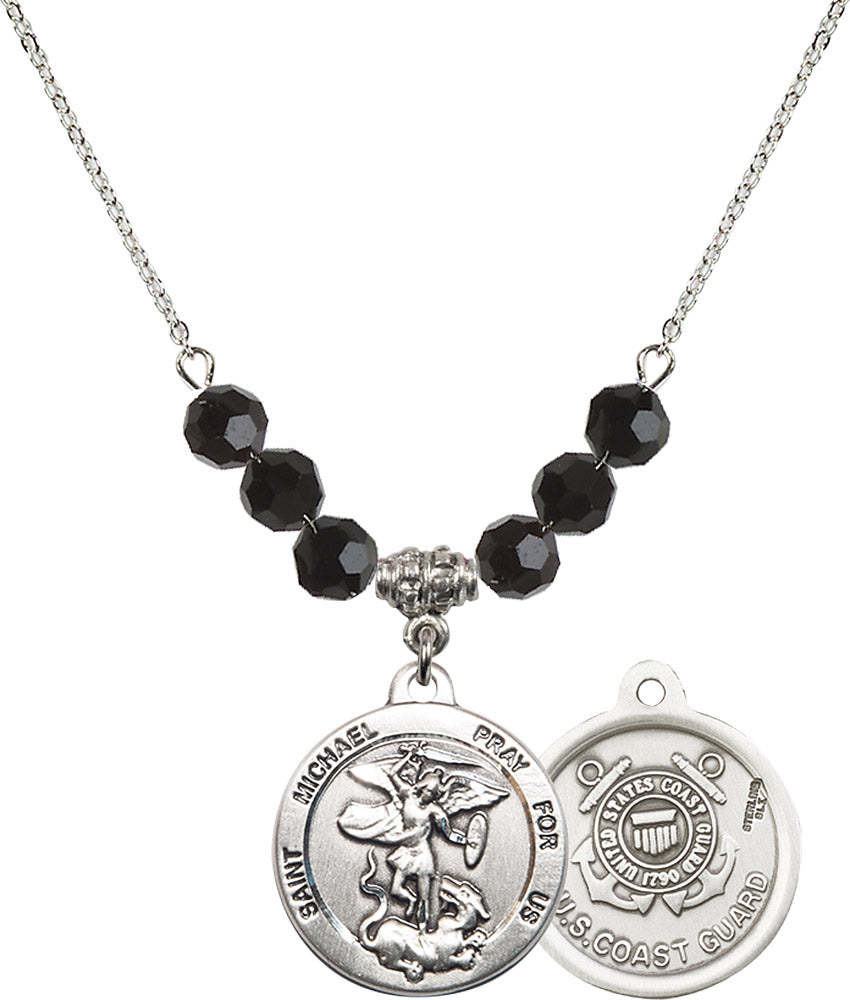 Sterling Silver Saint Michael / Coast Guard Birthstone Necklace with Jet Beads - 0342