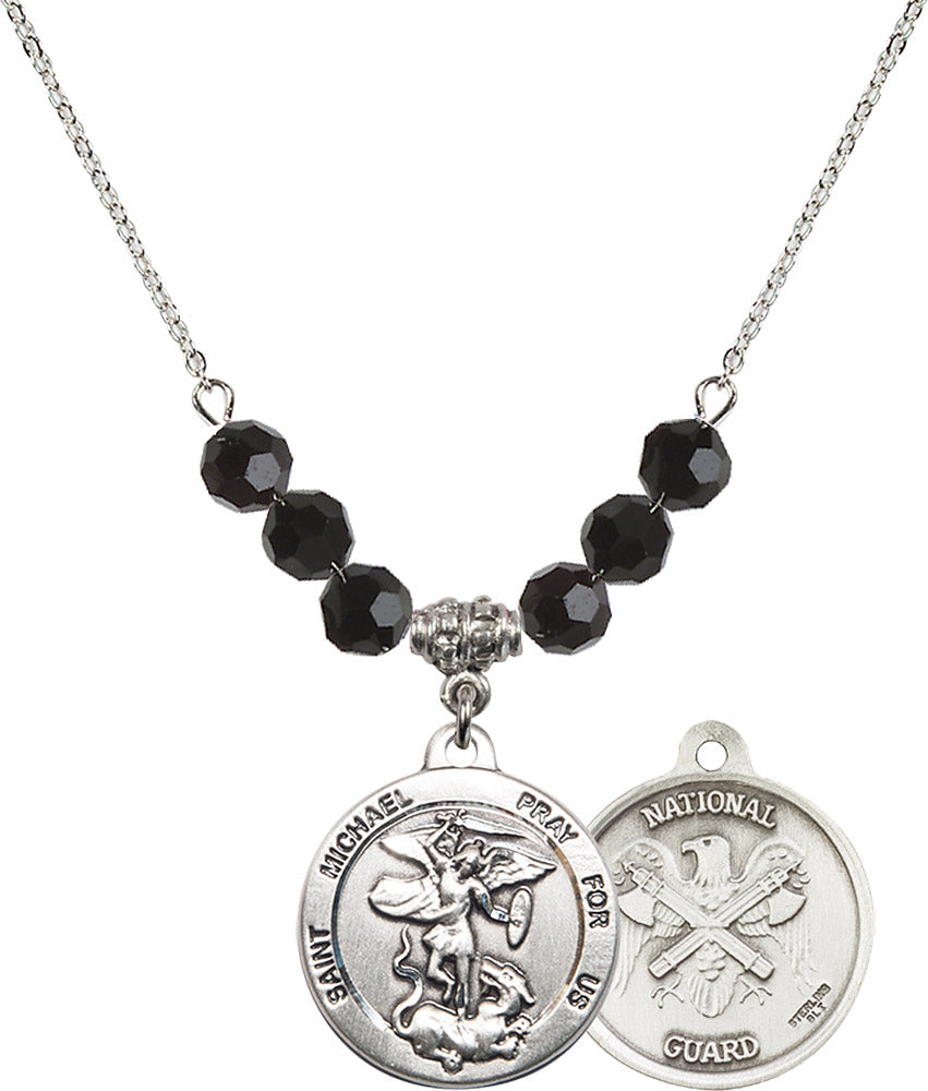 Sterling Silver Saint Michael / Nat'l Guard Birthstone Necklace with Jet Beads - 0342