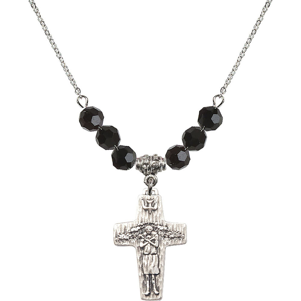 Sterling Silver Papal Crucifix Birthstone Necklace with Jet Beads - 0569