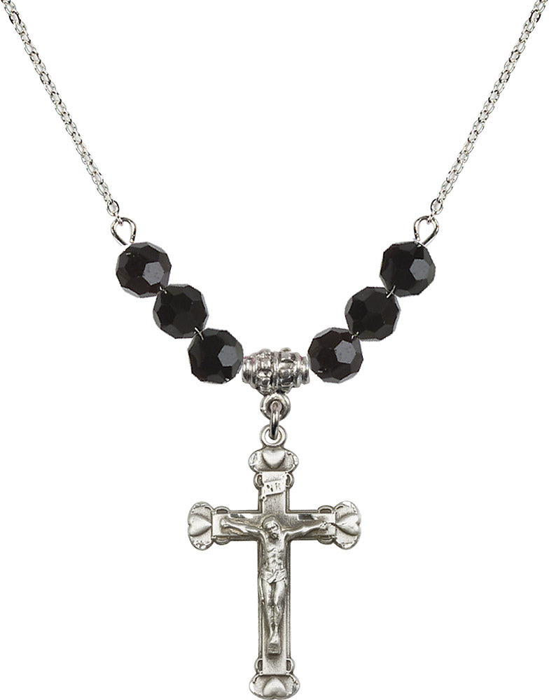 Sterling Silver Crucifix Birthstone Necklace with Jet Beads - 0620
