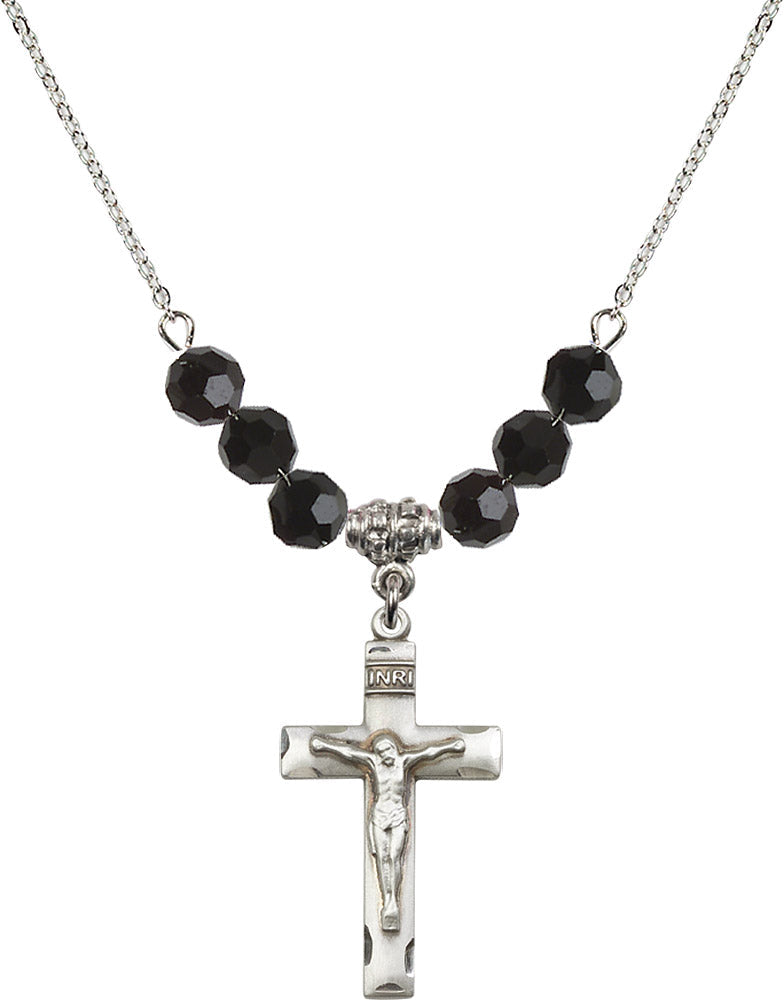 Sterling Silver Crucifix Birthstone Necklace with Jet Beads - 0624