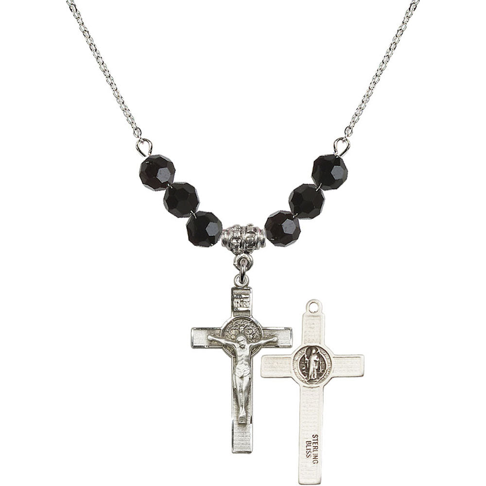 Sterling Silver Saint Benedict Crucifix Birthstone Necklace with Jet Beads - 0625