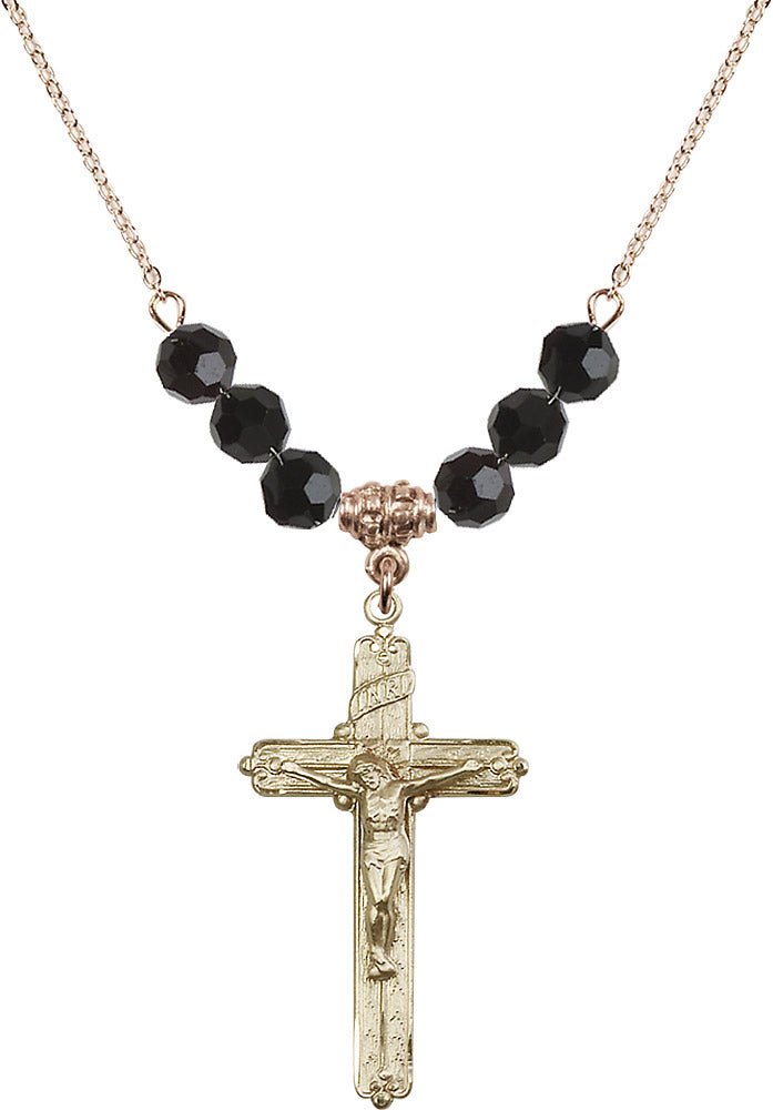 14kt Gold Filled Crucifix Birthstone Necklace with Jet Beads - 0655