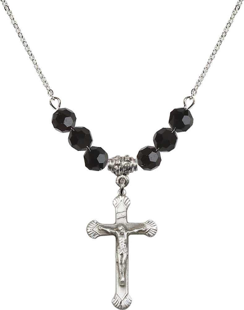 Sterling Silver Crucifix Birthstone Necklace with Jet Beads - 0664