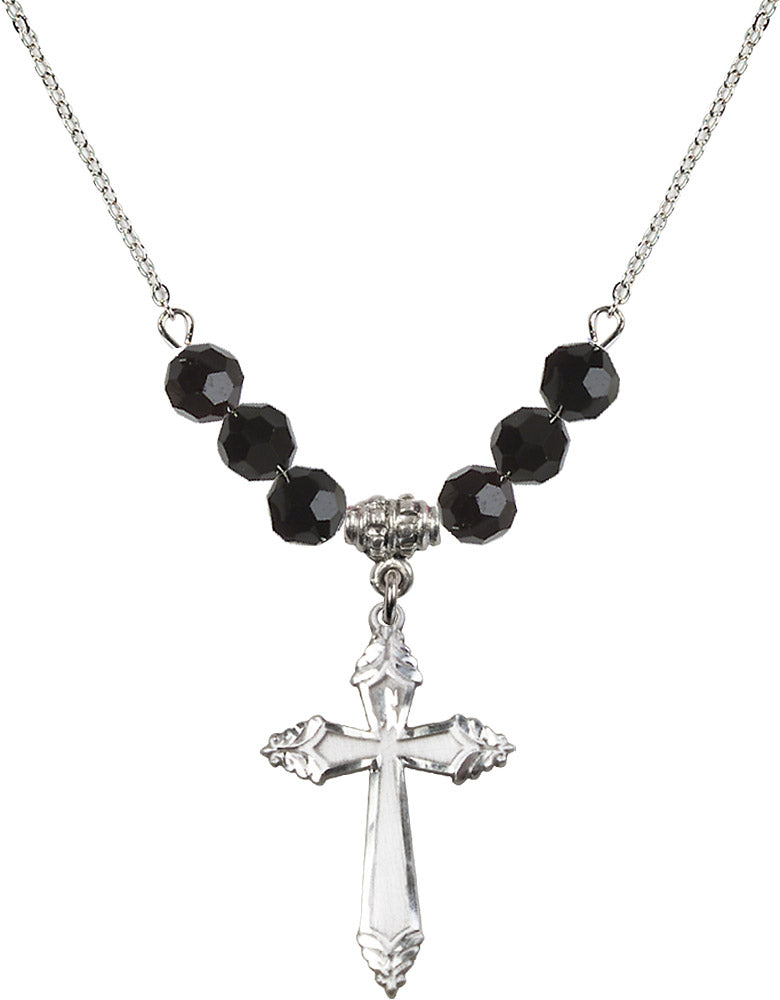 Sterling Silver Cross Birthstone Necklace with Jet Beads - 0665