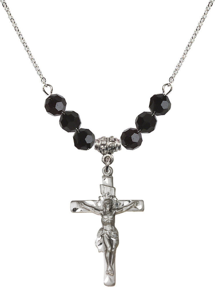 Sterling Silver Crucifix Birthstone Necklace with Jet Beads - 0668