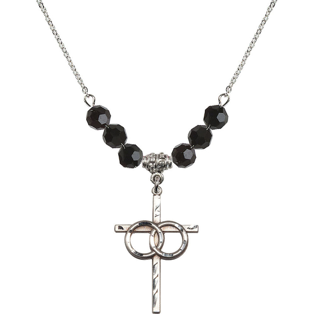 Sterling Silver Wedding Rings Cross Birthstone Necklace with Jet Beads - 0671