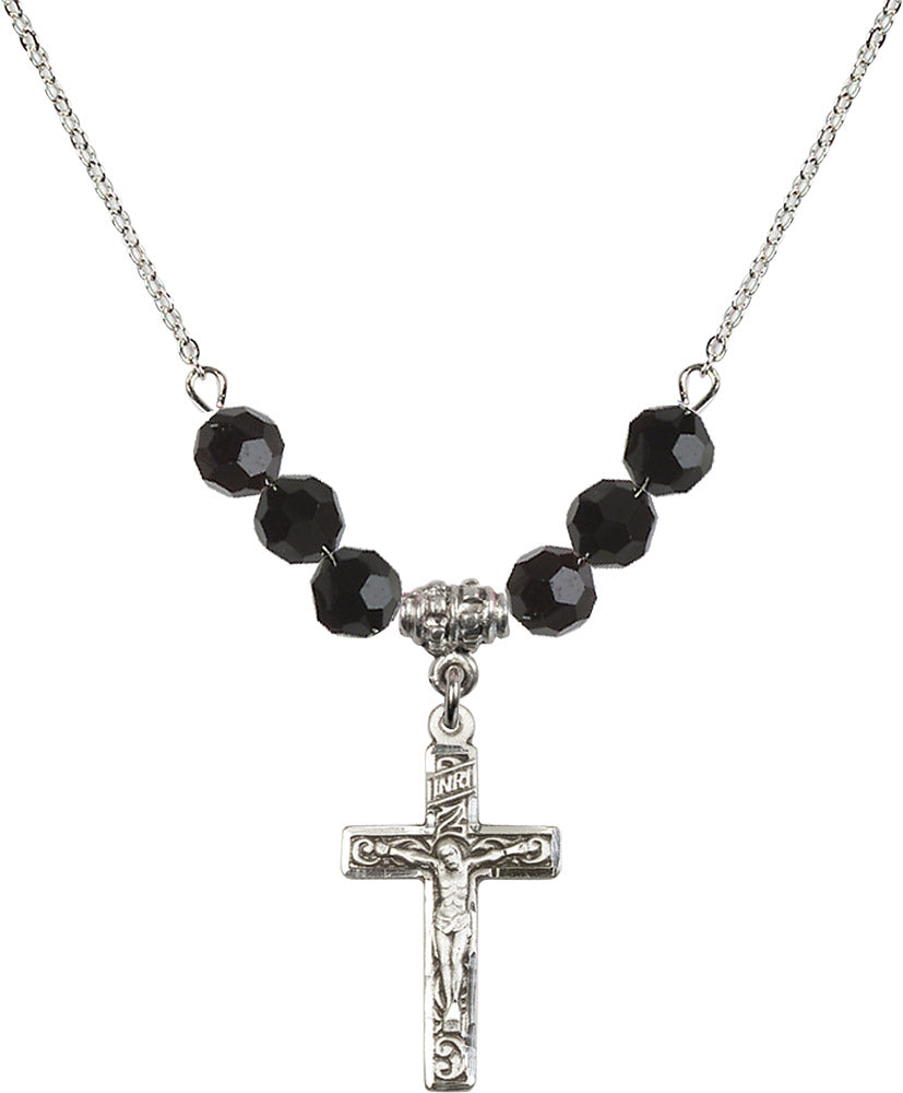Sterling Silver Crucifix Birthstone Necklace with Jet Beads - 0673