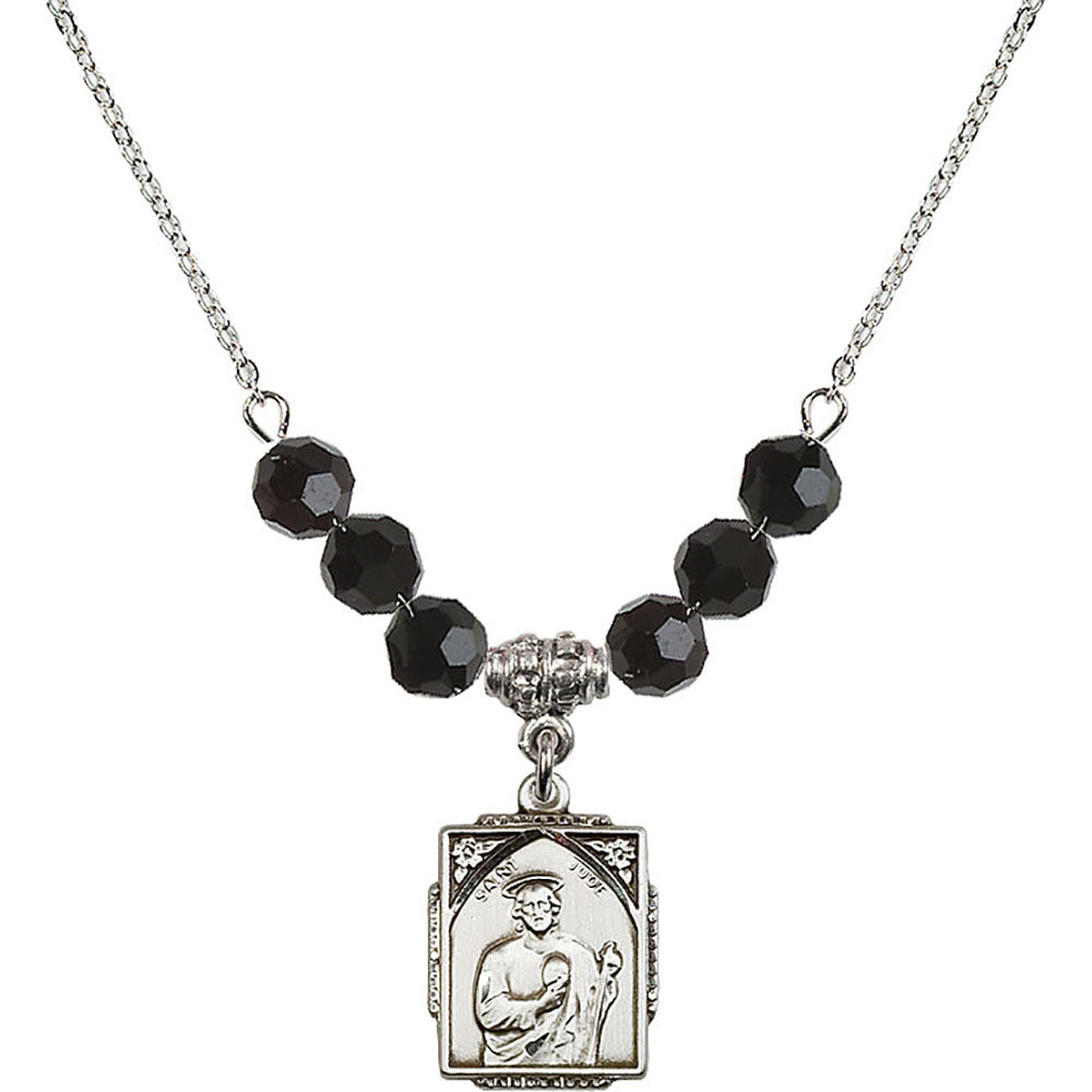 Sterling Silver Saint Jude Birthstone Necklace with Jet Beads - 0804