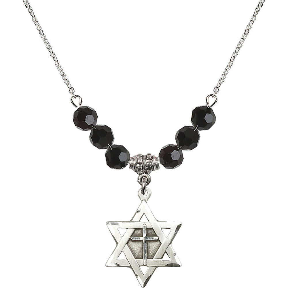 Sterling Silver Star of David w/ Cross Birthstone Necklace with Jet Beads - 1210