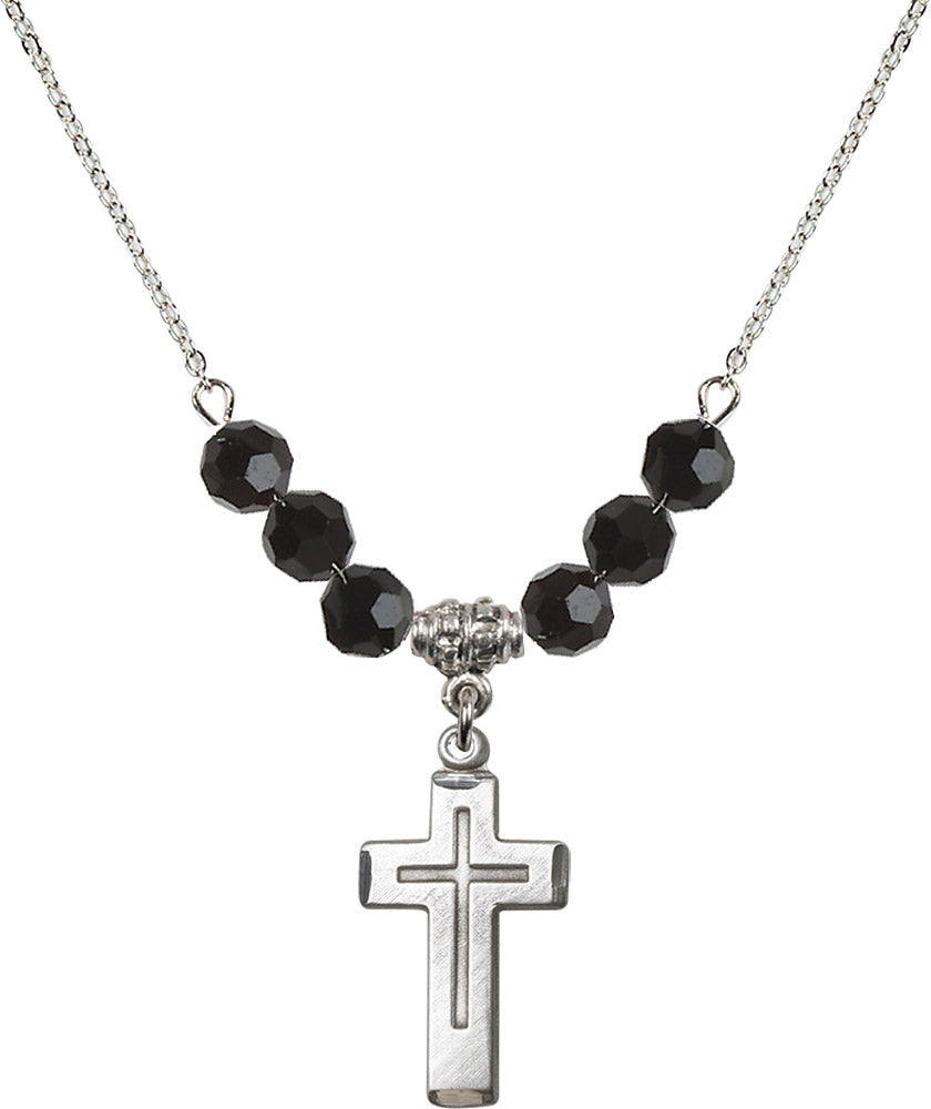 Sterling Silver Cross Birthstone Necklace with Jet Beads - 1529