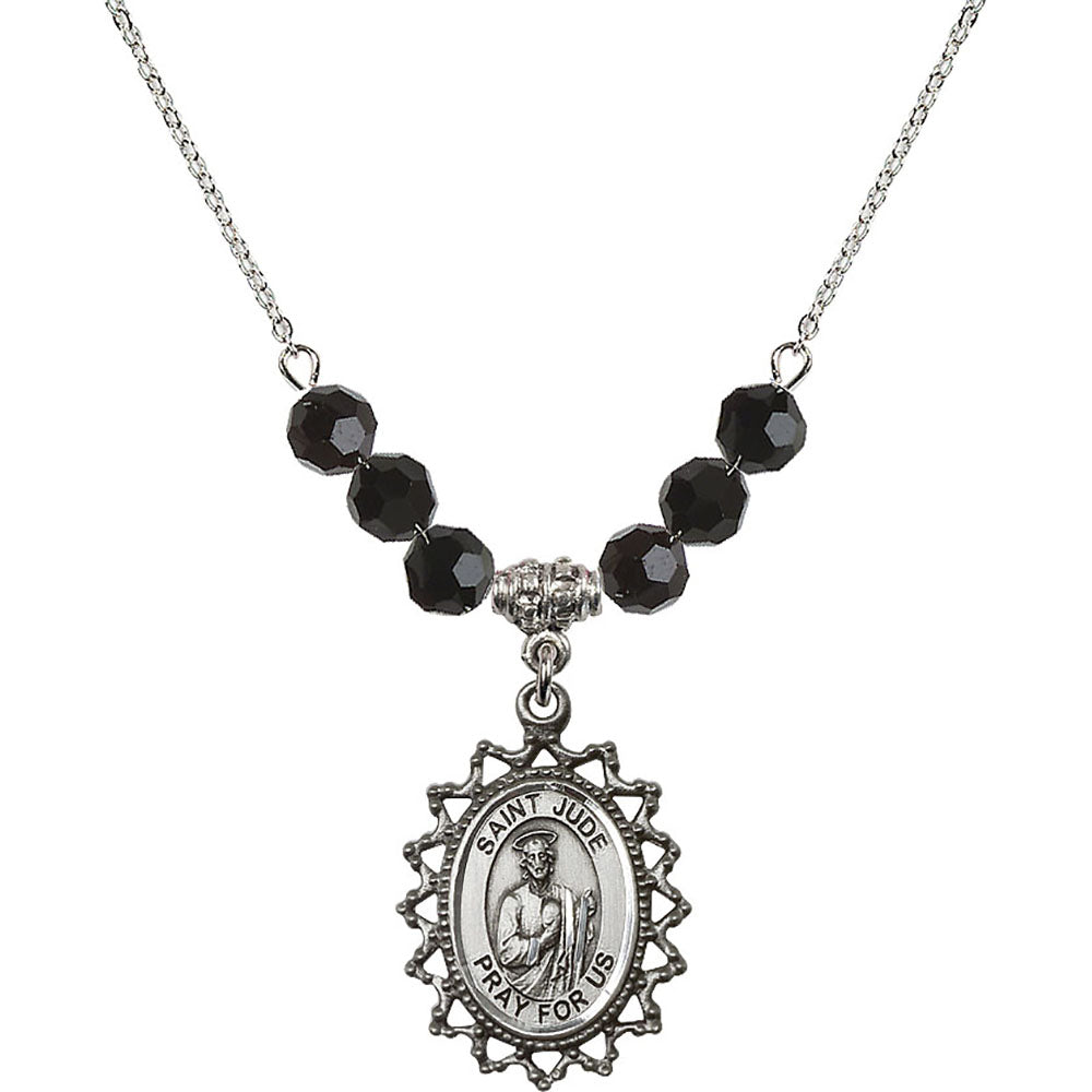 Sterling Silver Saint Jude Birthstone Necklace with Jet Beads - 1619
