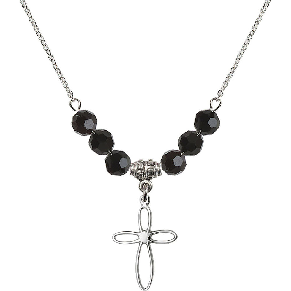 Sterling Silver Loop Cross Birthstone Necklace with Jet Beads - 1707