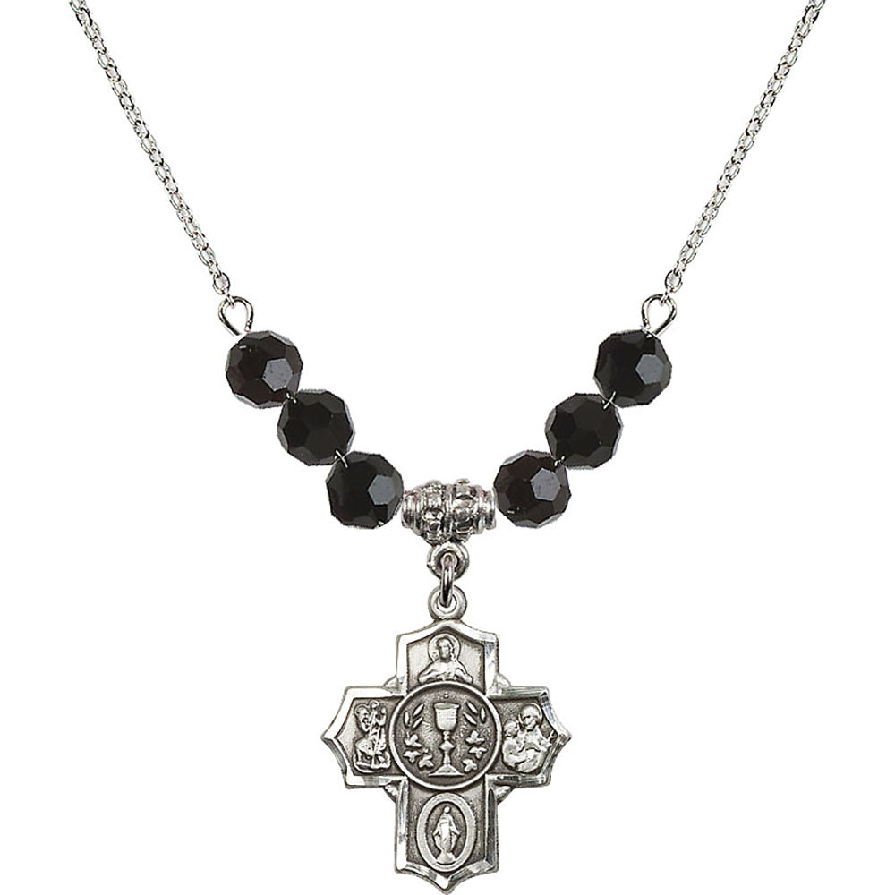Sterling Silver Communion/5-Way Birthstone Necklace with Jet Beads - 2004