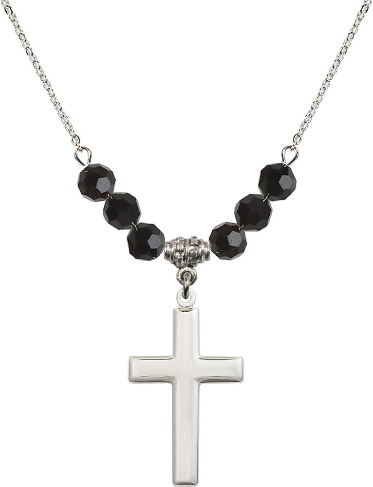 Sterling Silver Cross Birthstone Necklace with Jet Beads - 2190