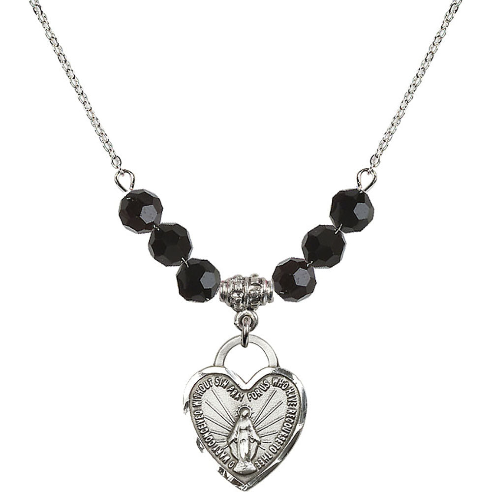 Sterling Silver Miraculous Heart Birthstone Necklace with Jet Beads - 3201