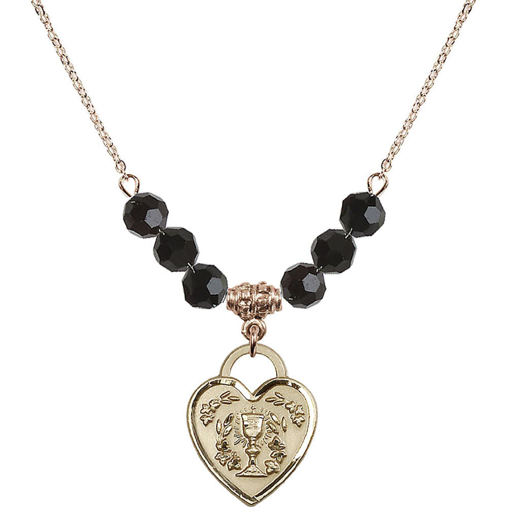 14kt Gold Filled Communion Heart Birthstone Necklace with Jet Beads - 3204