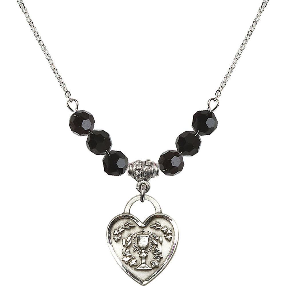 Sterling Silver Communion Heart Birthstone Necklace with Jet Beads - 3204