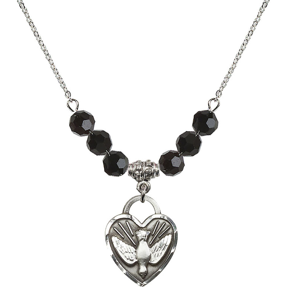 Sterling Silver Confirmation Heart Birthstone Necklace with Jet Beads - 3205
