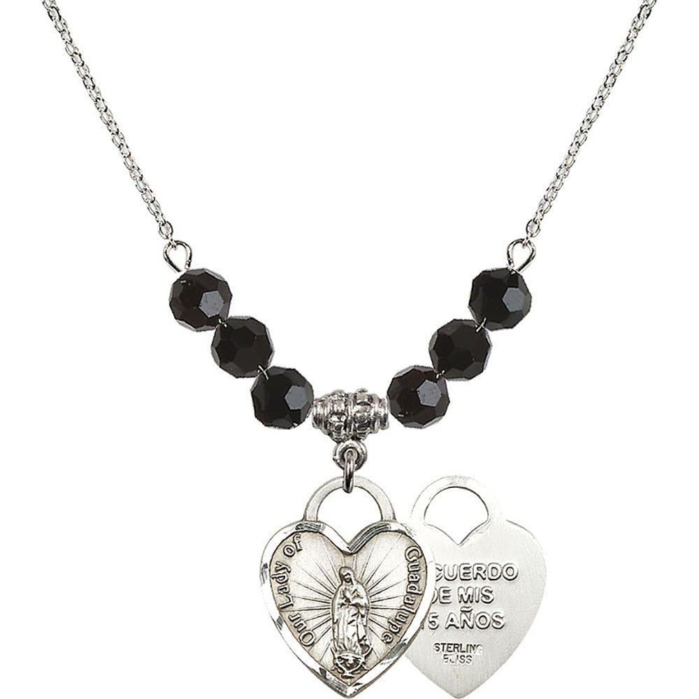 Sterling Silver Our Lady of Guadalupe Heart / Recuerdo Birthstone Necklace with Jet Beads - 3209