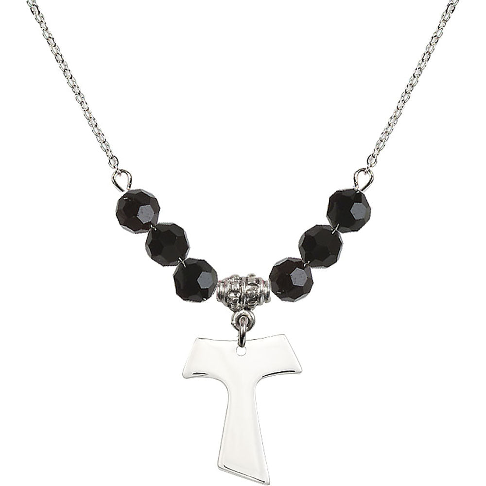 Sterling Silver Tau Cross Birthstone Necklace with Jet Beads - 3948