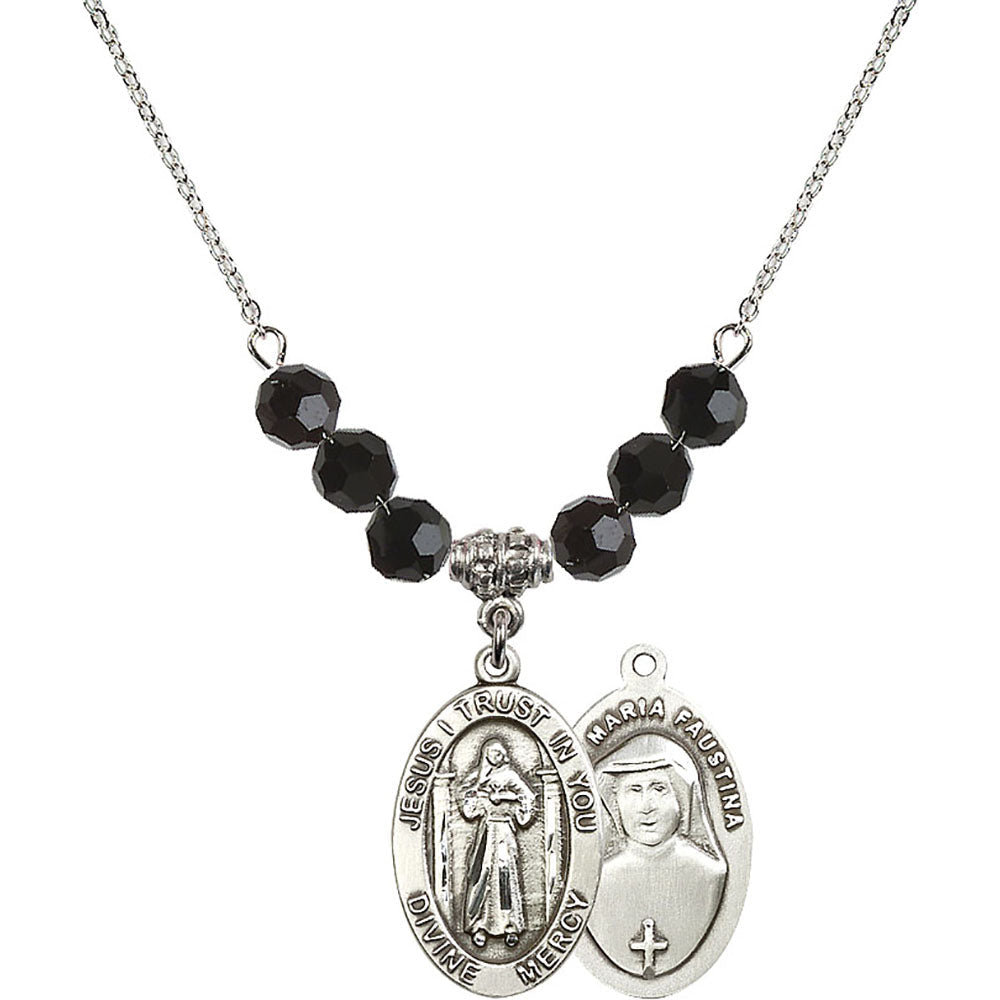 Sterling Silver Divine Mercy Birthstone Necklace with Jet Beads - 4123