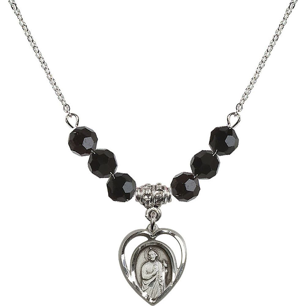 Sterling Silver Saint Jude Birthstone Necklace with Jet Beads - 4128