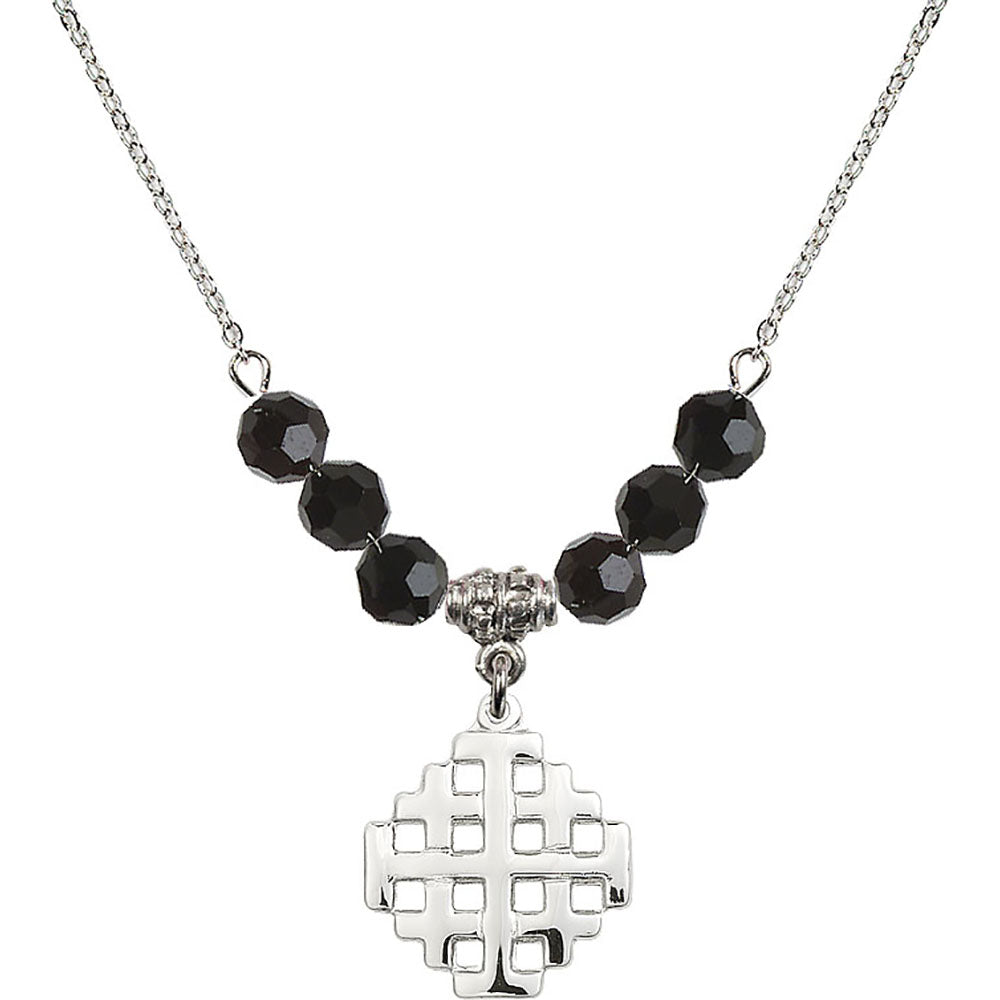 Sterling Silver Jerusalem Cross Birthstone Necklace with Jet Beads - 4139
