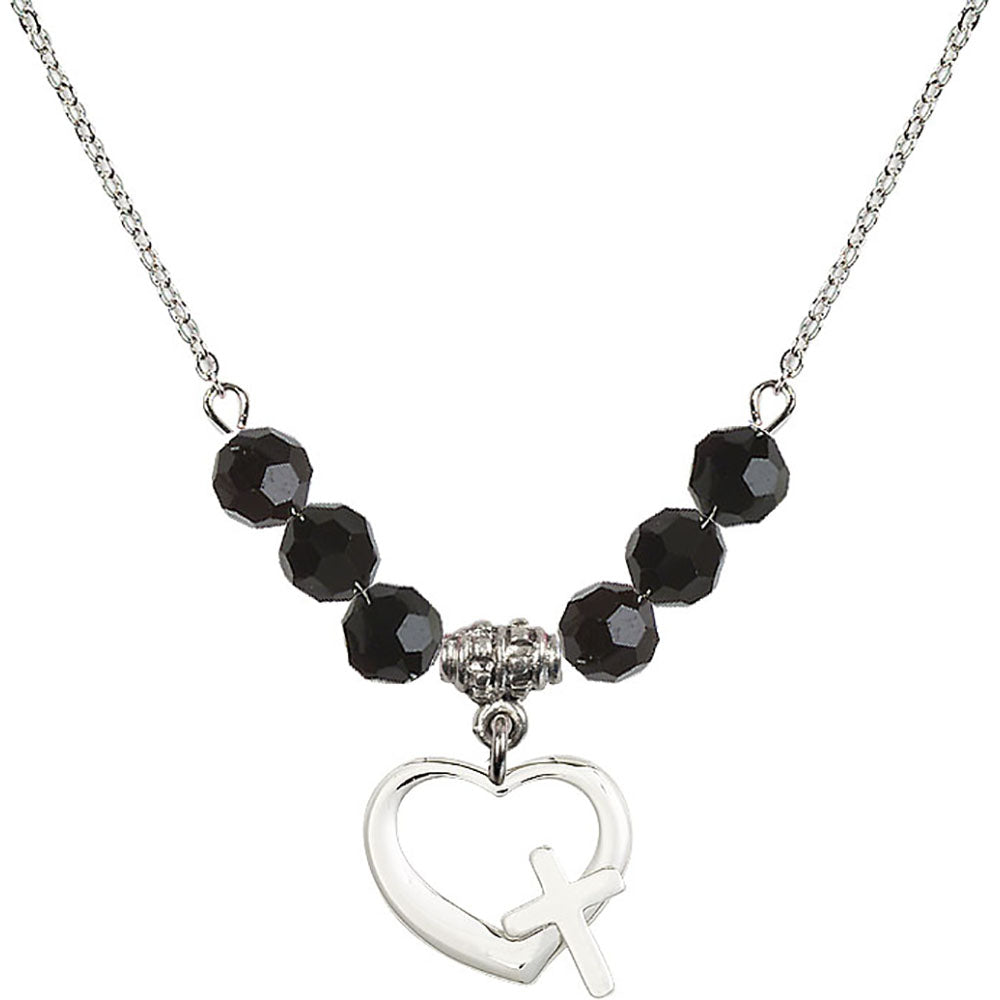 Sterling Silver Heart / Cross Birthstone Necklace with Jet Beads - 4207