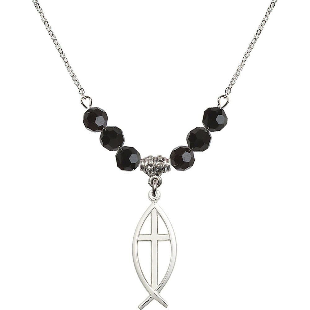 Sterling Silver Fish / Cross Birthstone Necklace with Jet Beads - 4252